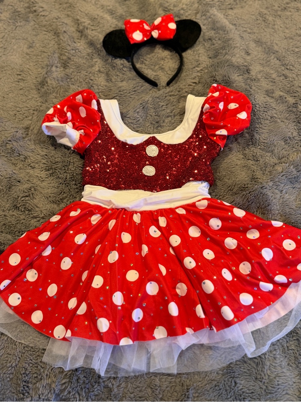 Minnie Mouse Red and White Polka Dot Sequin Kids Costume Dress with Headband